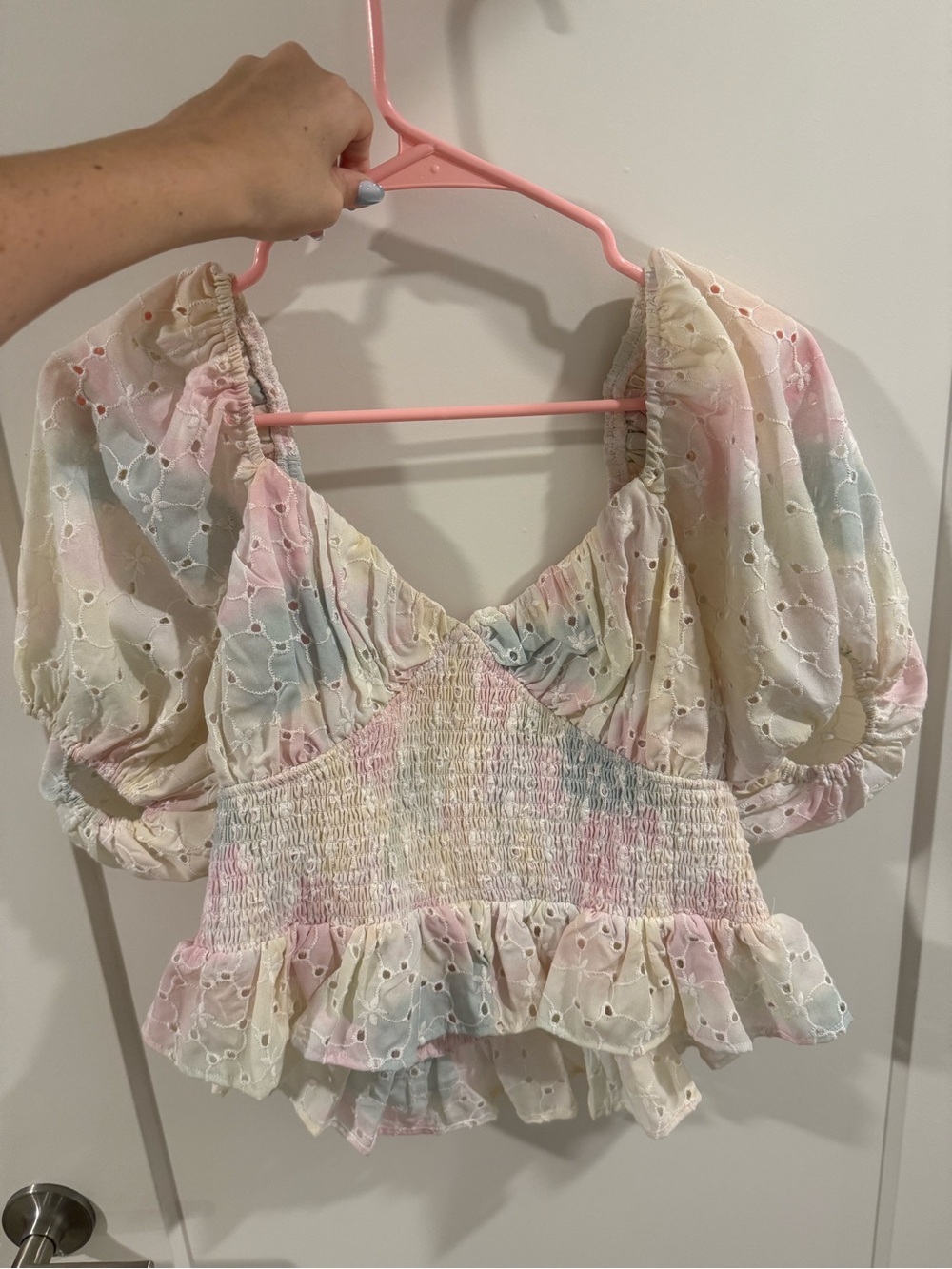 Free the Roses Pastel Multi Smocked Eyelet Peplum Crop Top